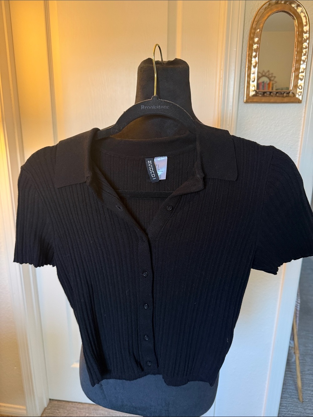 Divided Black Ribbed Button-Up Polo Top